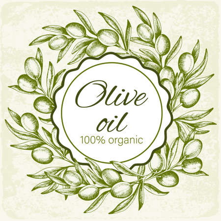 Vintage round background with hand drawn green olives. Vector illustrationのイラスト素材