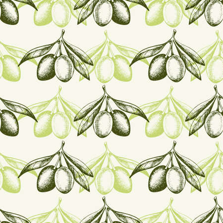 Vintage hand drawn seamless pattern with green olives. Vector backgroundのイラスト素材