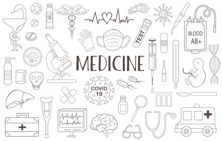 Set of medical and health care doodles on a white background. Vector illustrationのイラスト素材