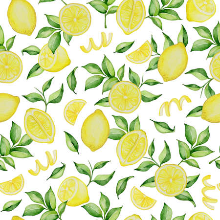 Hand drawn watercolor seamless pattern with lemons and green leaves on a white backgroundの写真素材