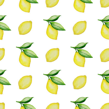 Hand drawn watercolor seamless pattern with lemons and green leaves on a white backgroundの写真素材