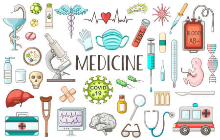 Set of medical and health care doodles on a white background. Vector illustrationのイラスト素材