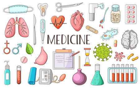 Set of medical and health care doodles. Vector illustrationのイラスト素材