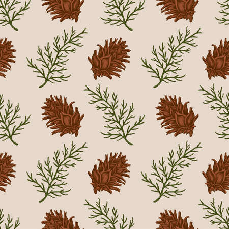 Vintage Christmas seamless pattern with green cypress branch and pine cone. Decorative background for Christmas and new year. Hand drawn vector illustration.のイラスト素材