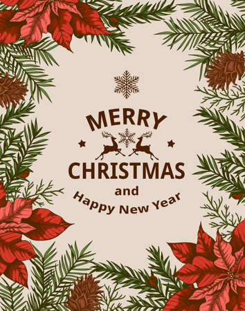Vintage Christmas greeting card with evergreen plants and red poinsettia flowers. Decorative background for Christmas and new year. Hand drawn vector illustration.のイラスト素材