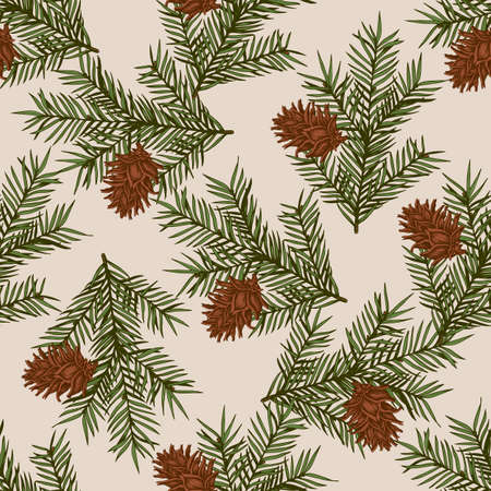Vintage Christmas seamless pattern with green fir branch. Decorative background for Christmas and new year. Hand drawn vector illustration.のイラスト素材