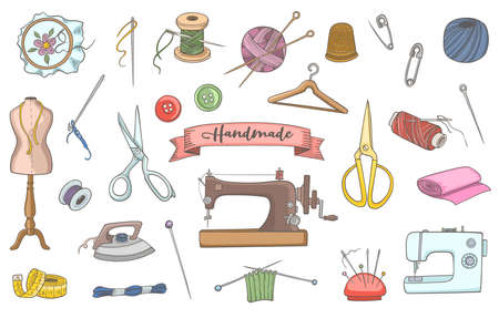 Sewing and needlework tools and accessories. Hand drawn vector doodle illustrations.のイラスト素材