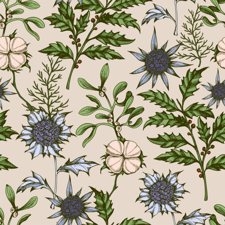 Vintage Christmas seamless pattern with evergreen plants holly and cotton flowers. Decorative background for Christmas and new year. Hand drawn vector illustration.のイラスト素材