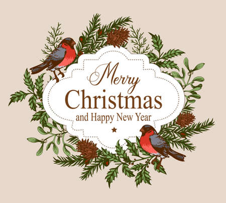 Vintage Christmas greeting card with evergreen plants and bullfinch birds. Decorative background for Christmas and new year. Hand drawn vector illustration.のイラスト素材