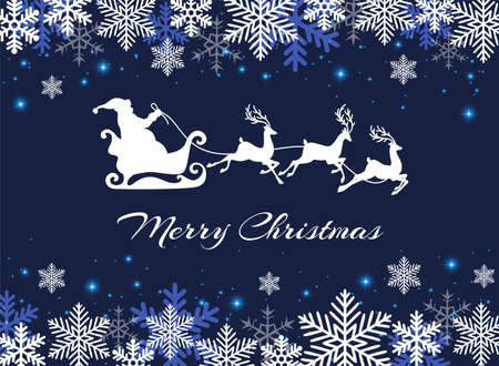 Blue Christmas background with Santa Claus, deers and snowflakes. Vector illustrationのイラスト素材