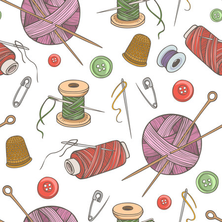 Seamless patter with sewing and needlework tools and accessories. Hand drawn vector backgroundのイラスト素材