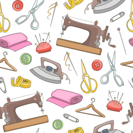 Seamless patter with sewing and needlework tools and accessories. Hand drawn vector backgroundのイラスト素材