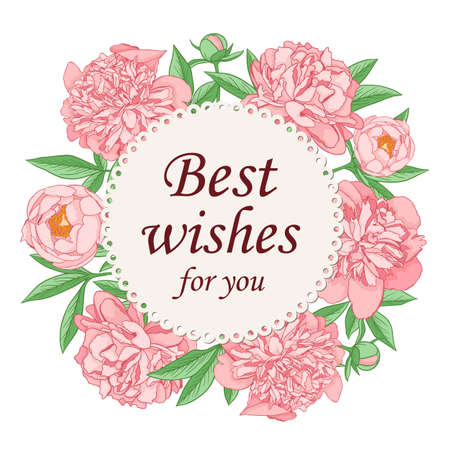 Greeting card with pink peony flowers on a white background. Hand drawn vector illustration. Decorative round floral frameのイラスト素材