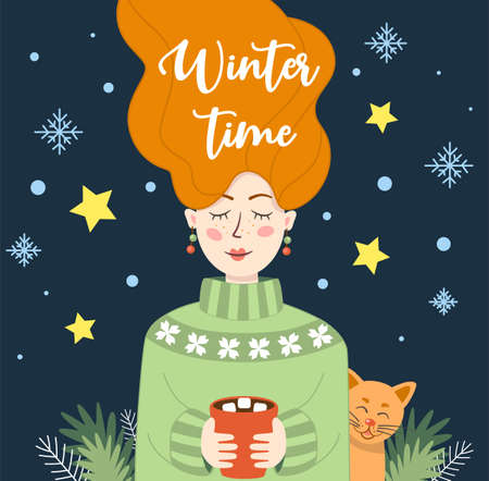 Red-haired girl with a cup of hot cocoa or chocolate and kitten in winter. Vector illustrationのイラスト素材