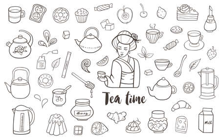 Tea and sweets. Set of hand drawn vector doodle design elements.のイラスト素材