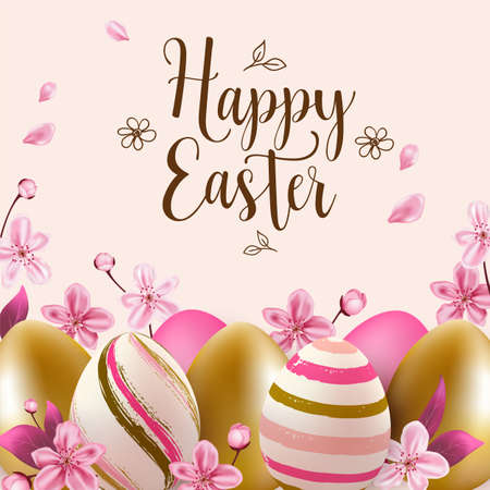 Festive background with pink and golden Easter eggs and cherry flowers. Vector illustration. Happy Easter letteringのイラスト素材