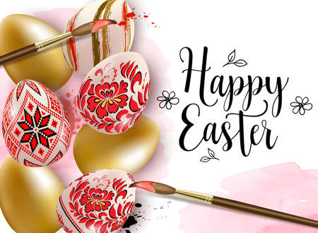 Hand painted decorative Easter egg with red floral ornament and paintbrush. Ukrainian traditional folk painting art style. Realistic vector illustration. Happy Easter letteringのイラスト素材