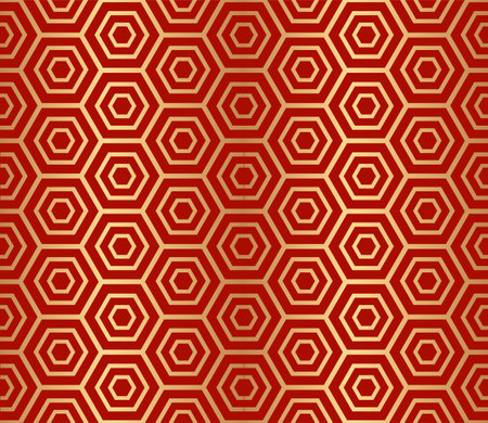 Decorative abstract geometrical golden hexagons seamless pattern on a red background.  Vector illustration.のイラスト素材
