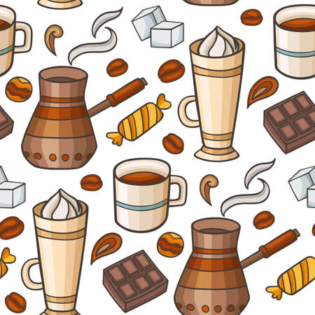 Seamless pattern with coffee and sweets on a white background. Vector illustrationのイラスト素材