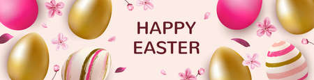 Festive horizontal banner with pink and golden Easter eggs and cherry flowers. Vector illustration.のイラスト素材