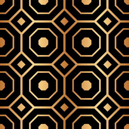Decorative abstract geometrical golden seamless pattern on a black background.  Vector illustration.のイラスト素材