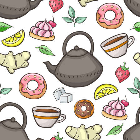 Seamless pattern with teapot, fruit and sweets. Vector illustrationのイラスト素材