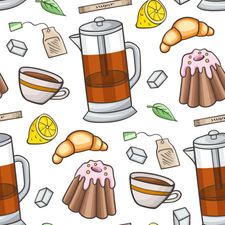 Seamless pattern with tea, fruit and sweets. Vector illustrationのイラスト素材