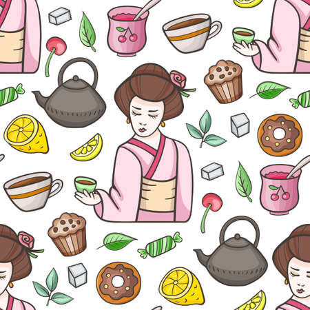 Seamless pattern with tea and sweets. Vector illustrationのイラスト素材