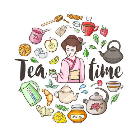Round background with tea and sweets. Vector illustrationのイラスト素材