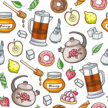 Seamless pattern with tea, fruit and sweets. Vector illustrationのイラスト素材