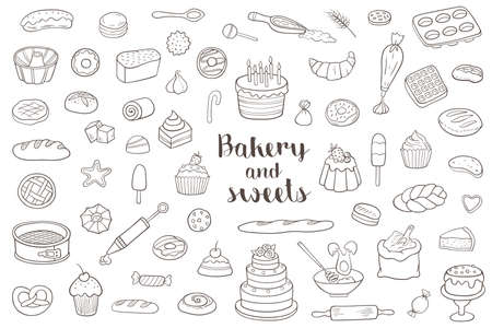 Set of hand drawn bakery and sweets doodles on a white background. Vector illustrationのイラスト素材