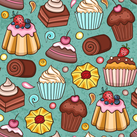 Seamless pattern with cupcakes on a green background. Hand drawn vector illustration
