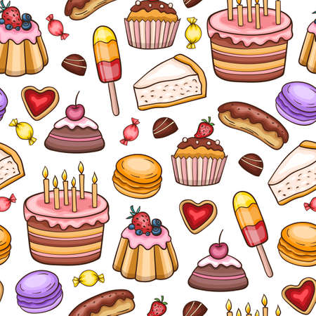 Seamless pattern with cupcakes and candies on a white background. Hand drawn vector illustrationのイラスト素材