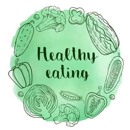 Vegetables on a green watercolor background. Healthy eating concept. Hand drawn vector illustrationのイラスト素材