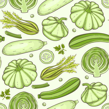 Seamless pattern with green cabbage, celery and squash. Hand drawn vector background.のイラスト素材