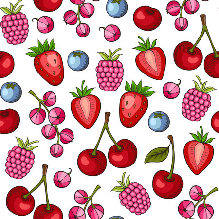 Summer seamless pattern with ripe juicy berry. Hand drawn vector background. Strawberry, currant and cherry on a white backgroundのイラスト素材