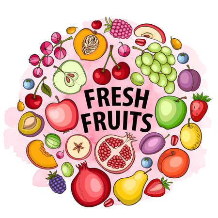 Fresh fruit on a round pink watercolor background. Healthy eating and vegan concept. Hand drawn vector illustrationのイラスト素材
