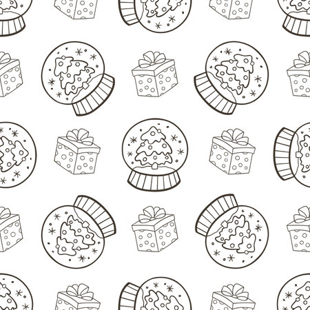 Christmas  seamless pattern with glass snow globe, christmas tree and gifts on a white background. Hand drawn vector doodle illustrationのイラスト素材