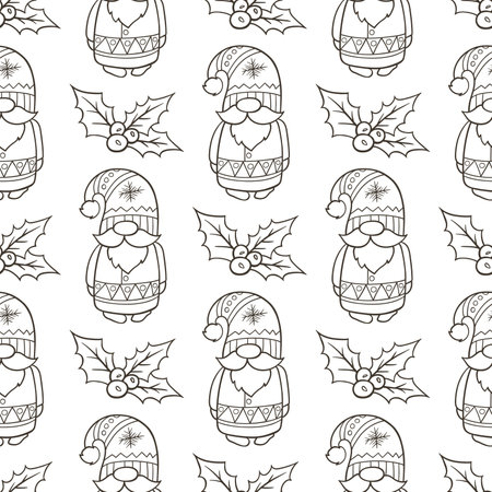 Festive Christmas seamless pattern with cute gnome and holly on a white background. Hand drawn doodle vector illustrationのイラスト素材