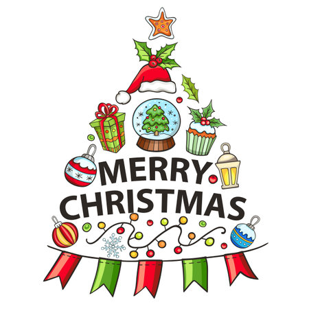 Christmas and New Year greeting card with Christmas decorations. Hand drawn vector illustration Christmas tree on a white backgroundのイラスト素材