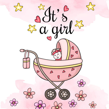Greeting card It's a girl with cute baby carriage on a pink watercolor background. Baby shower. Vector illustrationのイラスト素材