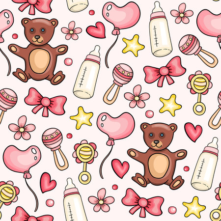 Cute seamless pattern with toys and baby girl pink accessory. Hand drawn vector background.のイラスト素材