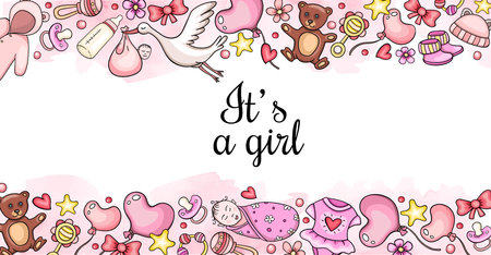 Greeting card It's a girl with cute baby accessory on a pink watercolor background. Baby shower horizontal banner. Vector illustrationのイラスト素材