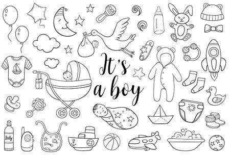 Set of hand drawn baby boy and newborn doodles. Vector illustrationのイラスト素材