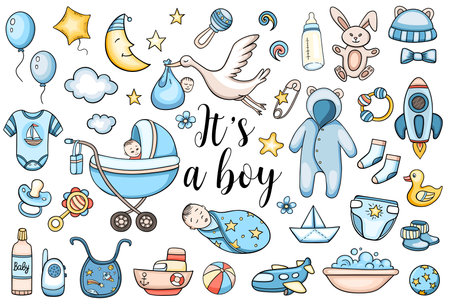 Set of hand drawn blue baby boy doodles. Vector illustrationのイラスト素材