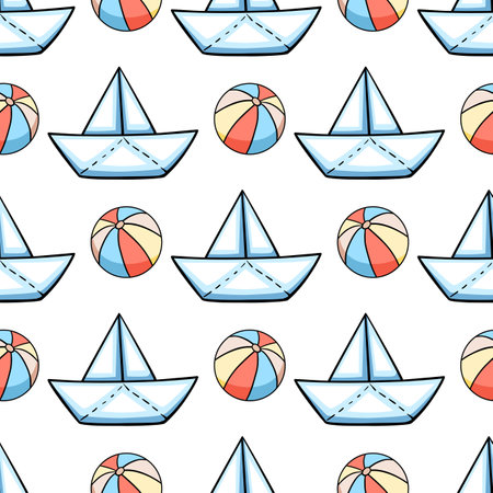 Seamless pattern with paper ship and ball. Hand drawn vector background with kids toysのイラスト素材