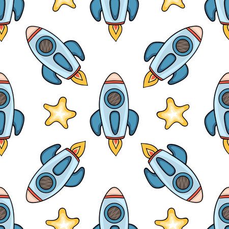 Seamless pattern with flying rocket and stars. Hand drawn vector backgroundのイラスト素材