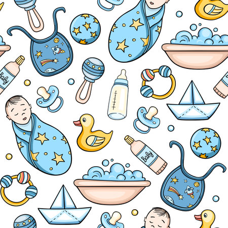 Seamless pattern with blue accessories for baby boy. Hand drawn vector background.のイラスト素材