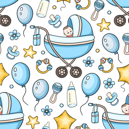 Seamless pattern with blue baby carriage and accessories for baby boy. Hand drawn vector background.のイラスト素材