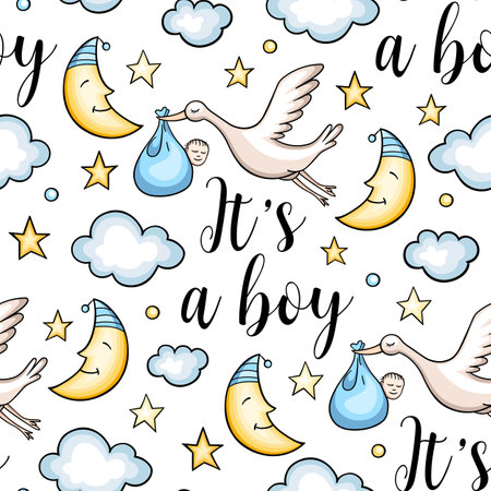 Cute seamless pattern with flying stork and baby boy. Hand drawn vector background.のイラスト素材